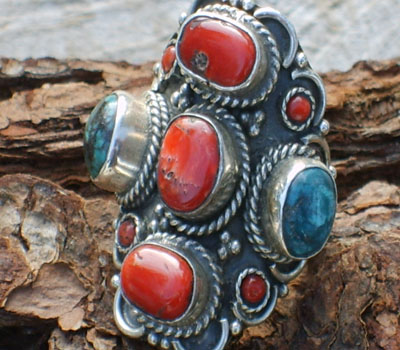 Tibetan Ring Turquoise & Coral - sz 9